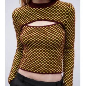 Zara Checkered Cut-Out Long Sleeve Pullover Sweater